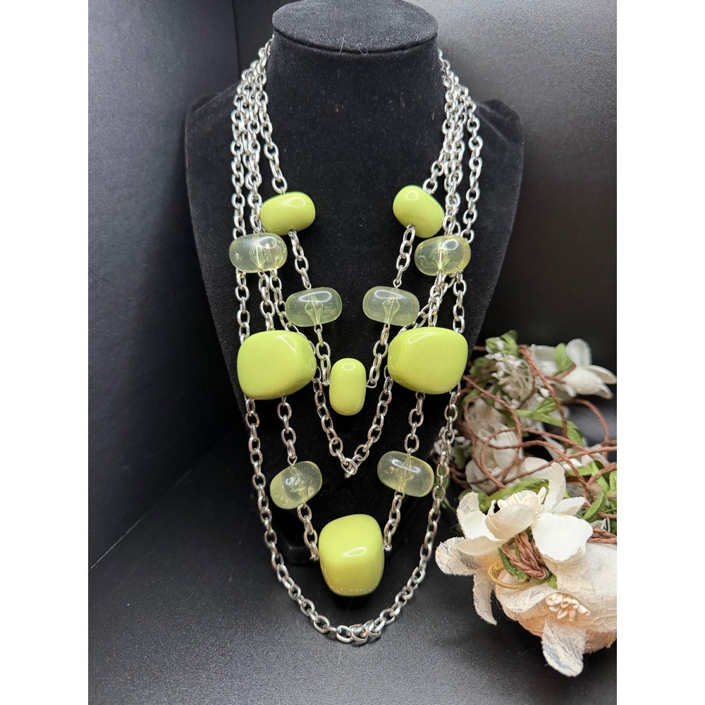 Chunky Lime Green Multi Strand Statement Necklace Silver Tone Layered Bib Bead